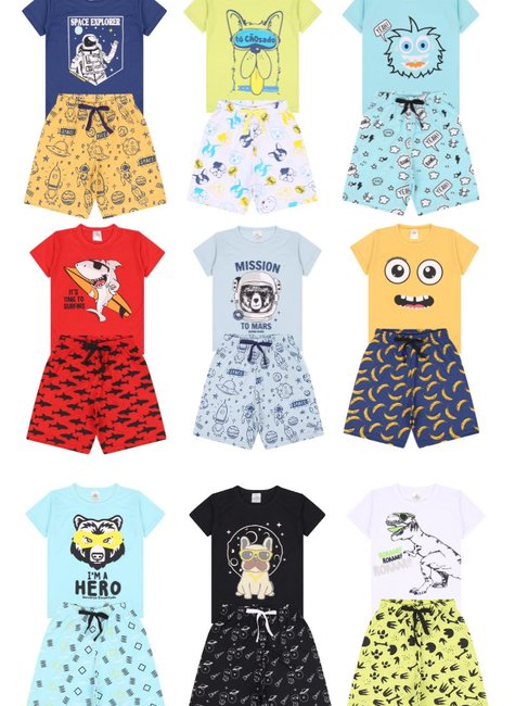 Kit Sortido Pijama Curto Infantil Masculino Kit 5 Pijamas