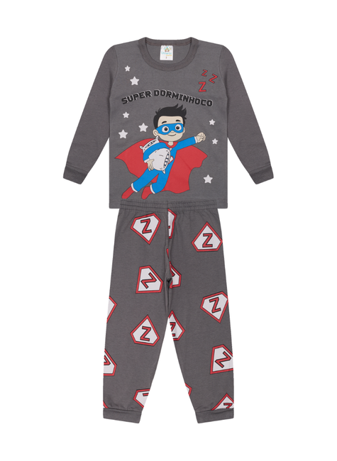 Pijama Infantil Longo Super Dorminhoco Herói Cinza