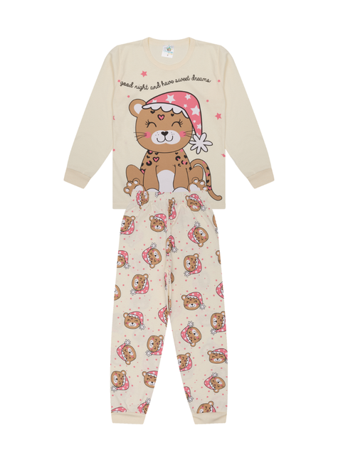 Pijama Infantil Feminino Longo Oncinha “Sweet Dreams” Bege