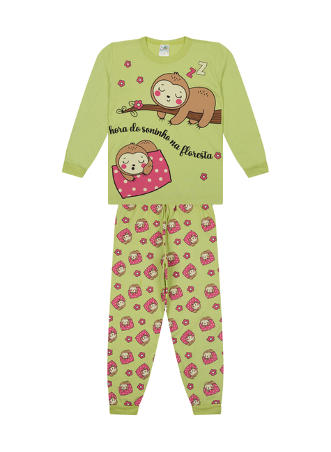 Pijama Infantil Menina Longo Bicho-Preguiça Verde – Super Confortável