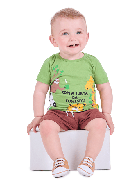 Conjunto Curto Infantil Menino Turma da Floresta – Camiseta Verde + Bermuda Marrom Verão 2026