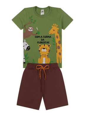 Conjunto Curto Infantil Menino Turma da Floresta – Camiseta Verde + Bermuda Marrom Verão 2026