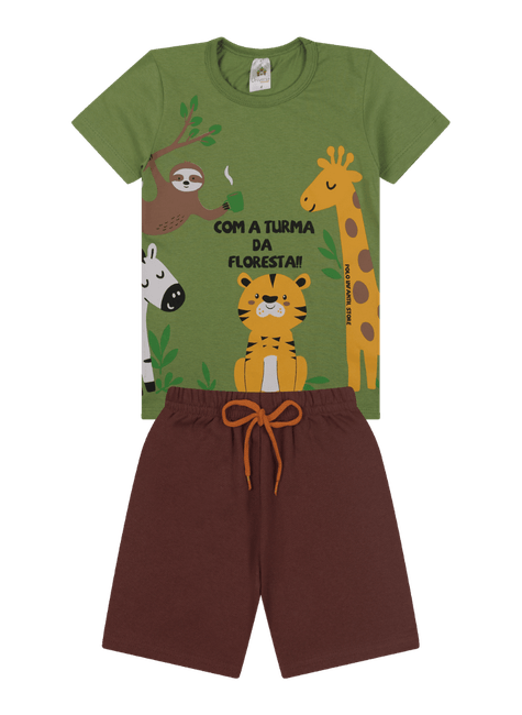 Conjunto Curto Infantil Menino Turma da Floresta – Camiseta Verde + Bermuda Marrom Verão 2026