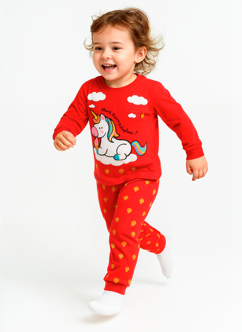 Pijama Infantil Feminino Longo Unicórnio e Cupcake Vermelho