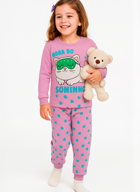 Pijama Infantil Longo Menina Gato Lilás – Hora do Soninho com Estilo
