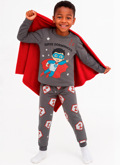 Pijama Infantil Longo Super Dorminhoco Herói Cinza