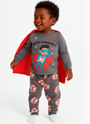 Pijama Infantil Longo Super Dorminhoco Herói Cinza