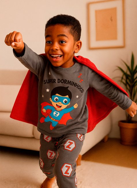 Pijama Infantil Longo Super Dorminhoco Herói Cinza