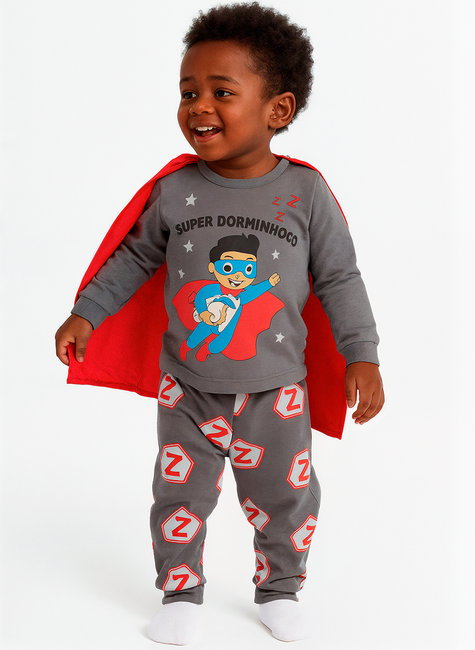 Pijama Infantil Longo Super Dorminhoco Herói Cinza