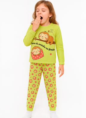 Pijama Infantil Menina Longo Bicho-Preguiça Verde – Super Confortável