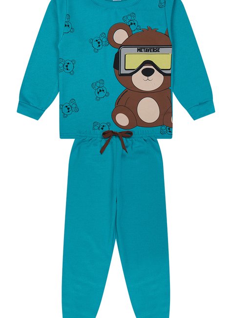 Conjunto Moletom Infantil Urso Metaverse Azul Petróleo