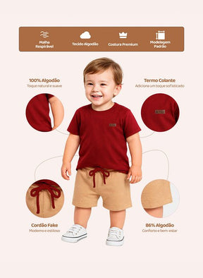 Conjunto Básico Infantil Menino Camiseta Bordo e Bermuda Canela