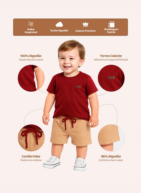 Conjunto Básico Infantil Menino Camiseta Bordo e Bermuda Canela