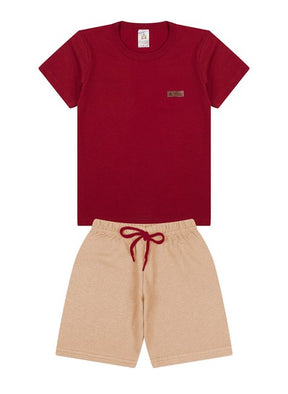 Conjunto Básico Infantil Menino Camiseta Bordo e Bermuda Canela