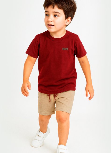 Conjunto Básico Infantil Menino Camiseta Bordo e Bermuda Canela