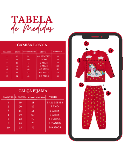 Pijama Infantil Feminino Longo Unicórnio e Cupcake Vermelho