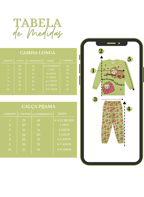 Pijama Infantil Menina Longo Bicho-Preguiça Verde – Super Confortável